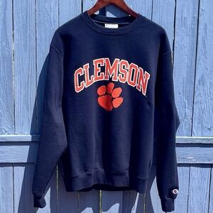 Champion Clemson Tigers Spellout Pullover Sweatshirt Mens Navy Orange Medium Paw